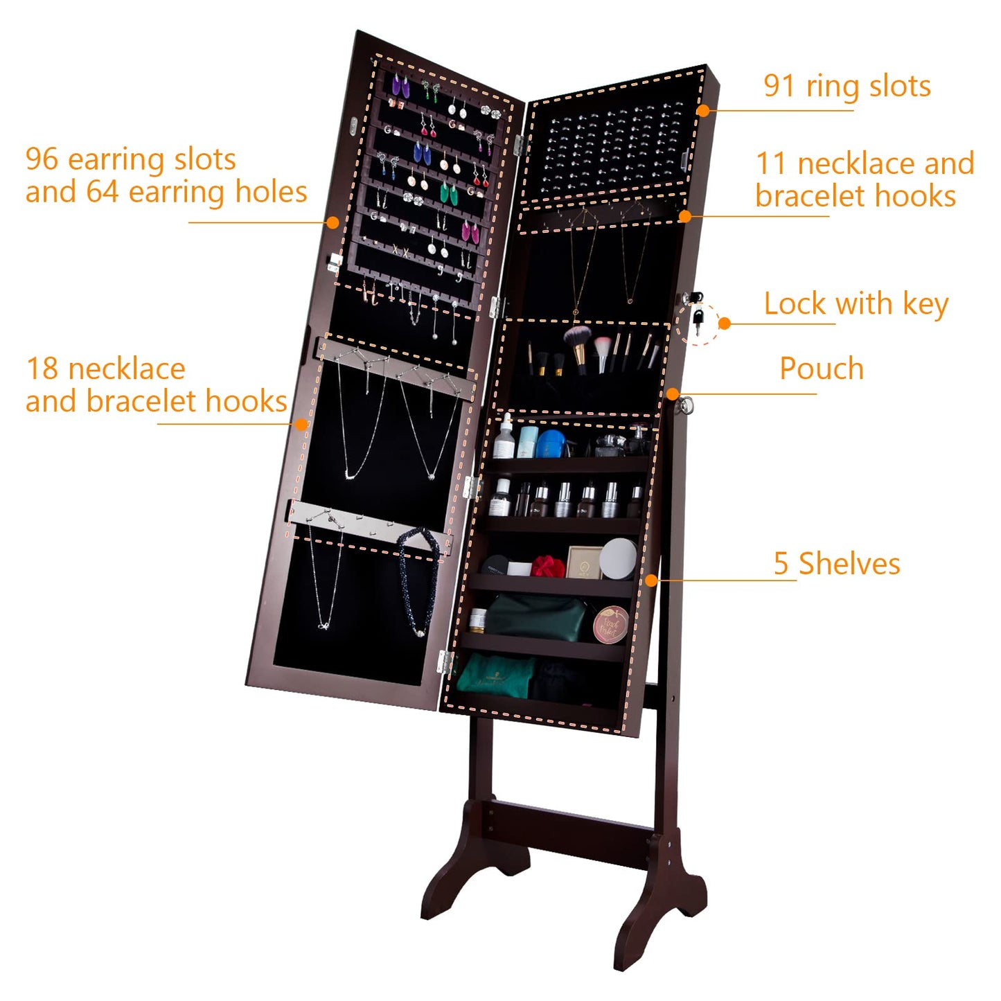 Uten Jewelry Armoire with Mirror, Lockable Large Jewelry Cabinet with Standing Mirror Jewelry Holder Organizer Storage, 4 Angle Adjustable, Perfect Christmas Gift (Brown)