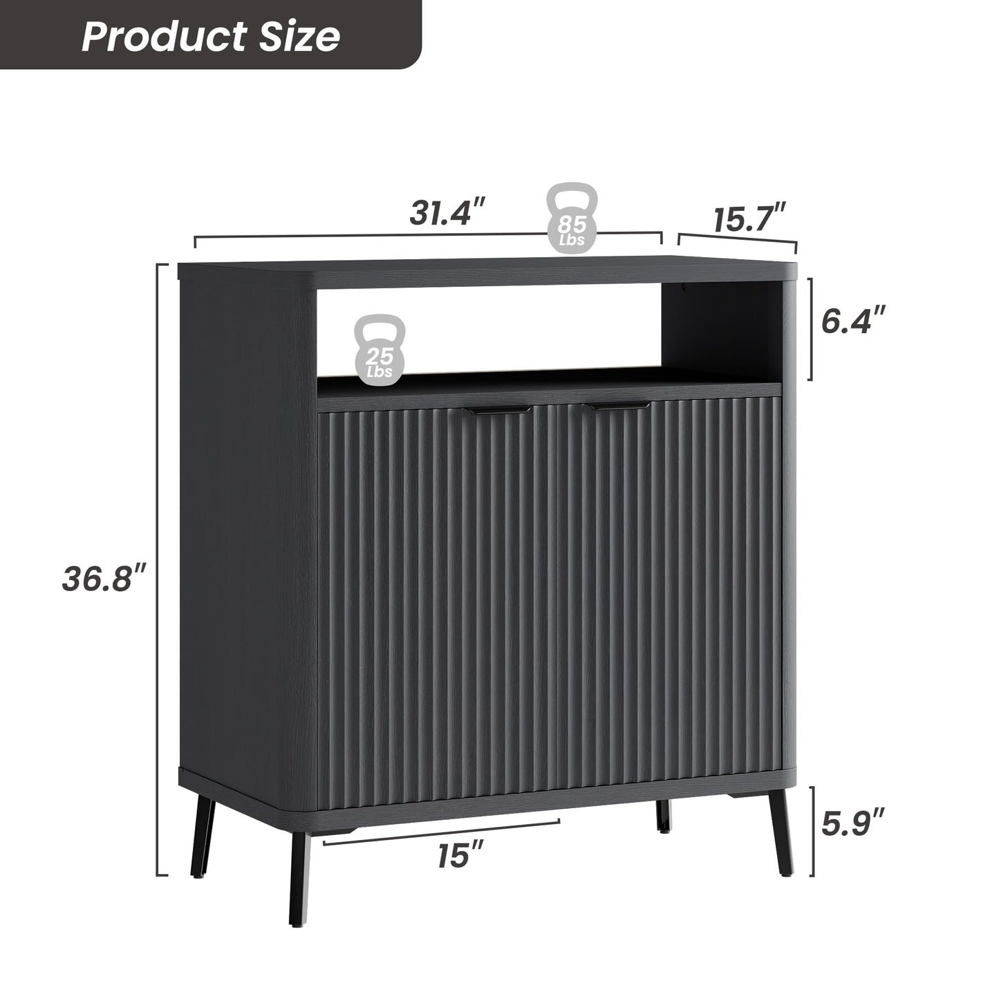 Fatmok Fluted Buffet Cabinet with Storage, 31.4" Wide Wood Sideboard Credenza with 2 Doors & Open Storage Shelf, Modern Coffee Bar Table for Living Room Kitchen Dining Room,Black Grey
