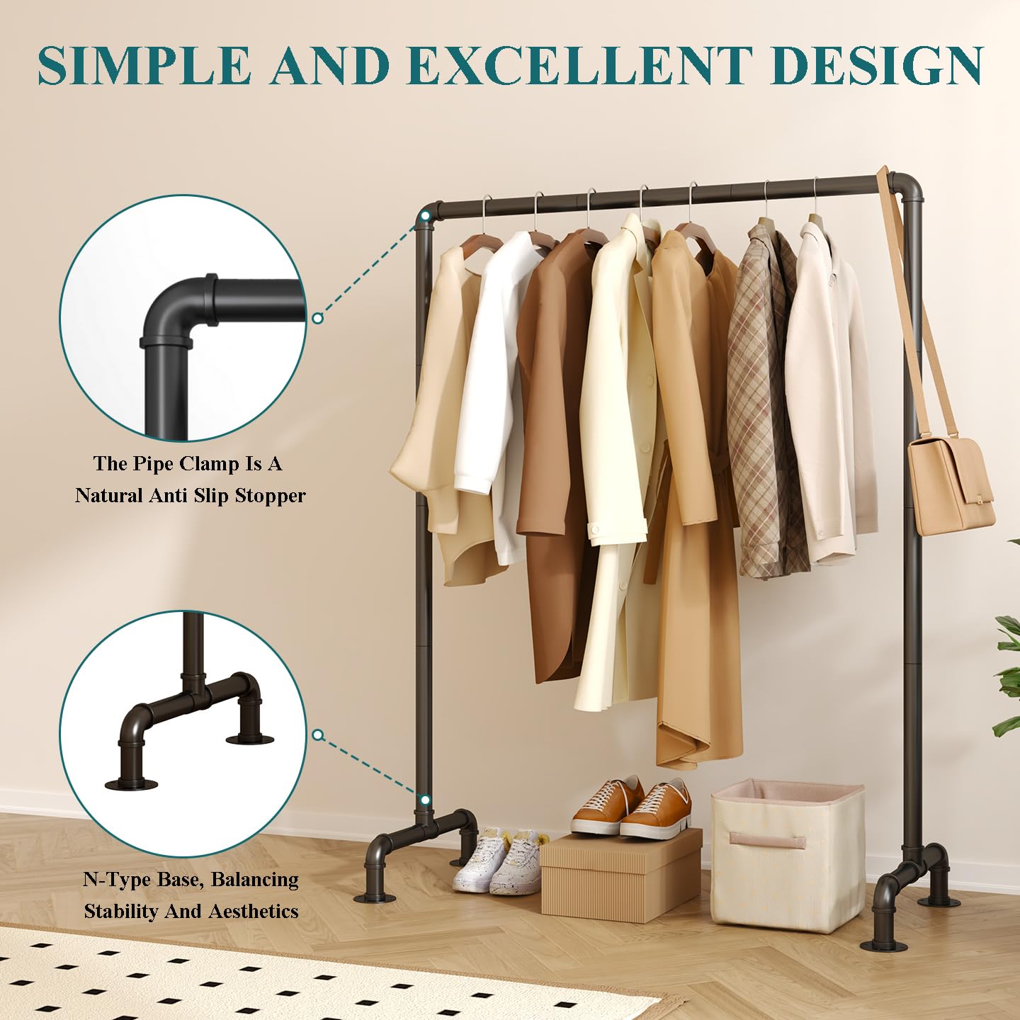 HAOVON Industrial Pipe Clothing Rack,Retail Clothing Racks for Boutiques,59'' Metal Clothes Rack,Heavy Duty Clothes Racks for Hanging Clothes (Black)