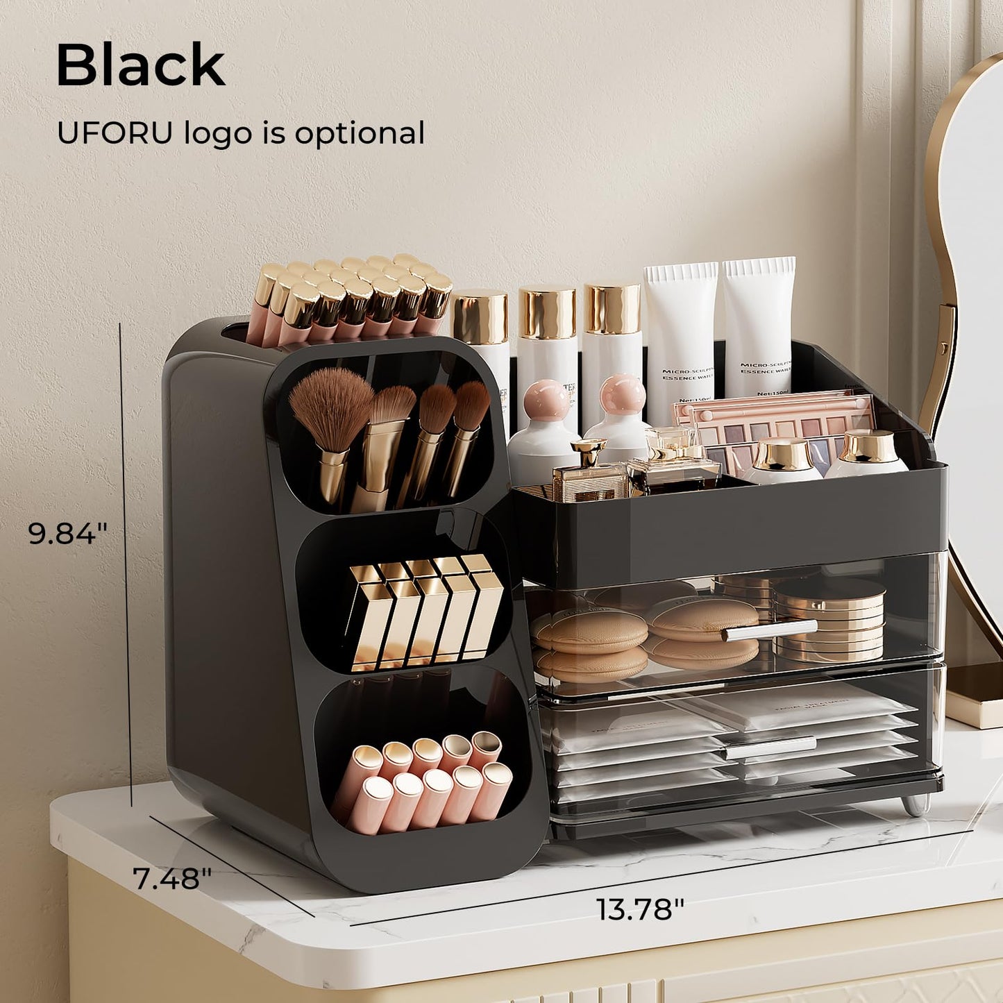 UFORU Makeup Organizer for Vanity with Brush Holder, Large Capacity Bathroom Countertop Skincare Organizer with 2 Drawers, Cosmetic Display Case for Perfumes, Eyeshadow Palettes, Nail Polishes