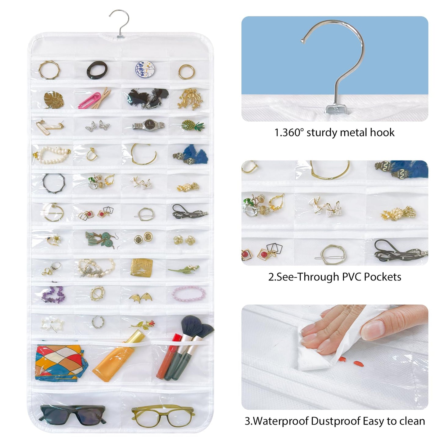 Bloss White Hanging Jewelry Organizer With 90 Pockets for Closet, Earring Holder Organizer Storage, Over The Door Jewelry Organizer, Double-Sided Jewelry Holder for Earrings,Necklaces,Rings