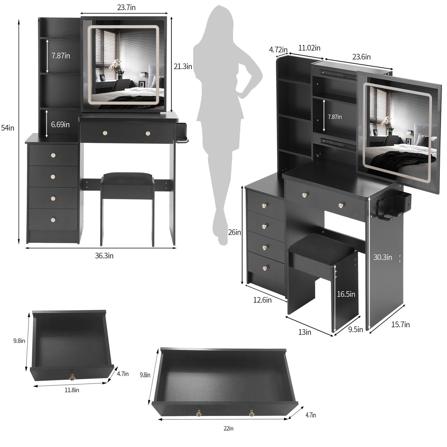 KEIKI Makeup Vanity Desk with Sliding Mirror and Lights, 37" Vanity Table Set with Charging Station, 5 Drawers & Hair Dryer Holder, Dressing Table with Storage Shelves and Cushioned Stool, Black