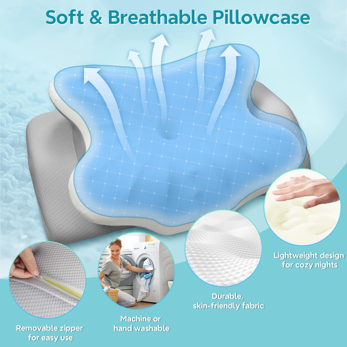 Cervical Pillow for Neck Pain Relief, Ergonomic Pillow for Side Sleeper, Memory Foam Neck Support for Back Stomach Sleepers, Cooling Breathable Orthopedic Contour Pillows for Sleep Apnea Snore, White