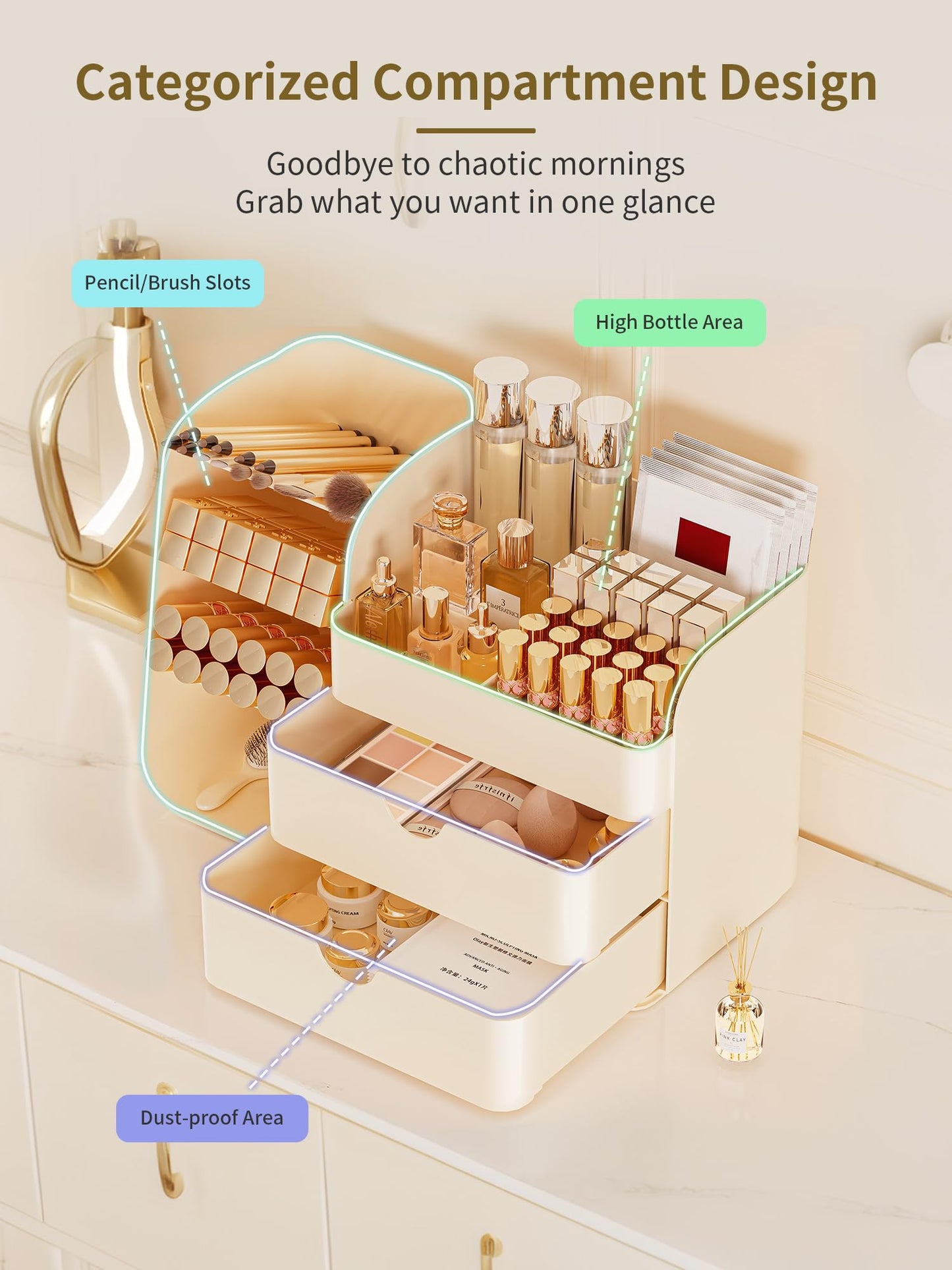 Booklov Makeup Organizer for Vanity, Countertop Cosmetic Display Case with Drawer, Bathroom Counter Beauty Caddy, Comfyroom Table Storage Holder for Skincare, Brush Eyeliner Eyeshadow Lipsticks, Creem