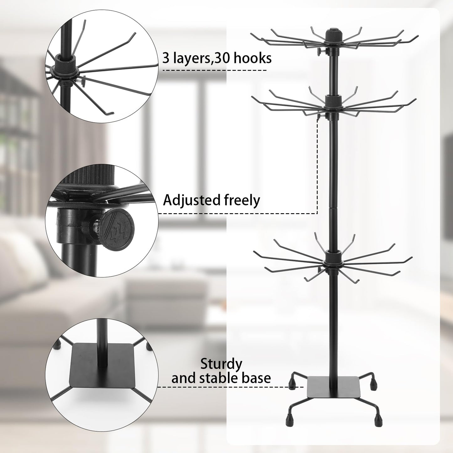 Kifmurase 2PCS Rotating Display Stand Metal Spinner Display Rack with Hooks Adjustable Height Holders for Earrings Necklace Key Rings, 3 Tiers Retail Vendor Jewelry Display Rack(Black)