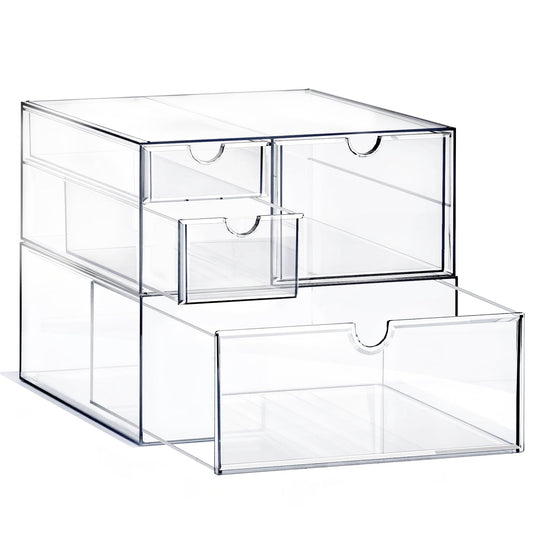Prsildan Acrylic Drawer Makeup Organizer with 4 Drawers, Set of 2 Office Desk Organizers Accessories, Clear Stackable Storage Drawers for Vanity, Countertop, Craft, Jewelry, Art Supply Organization