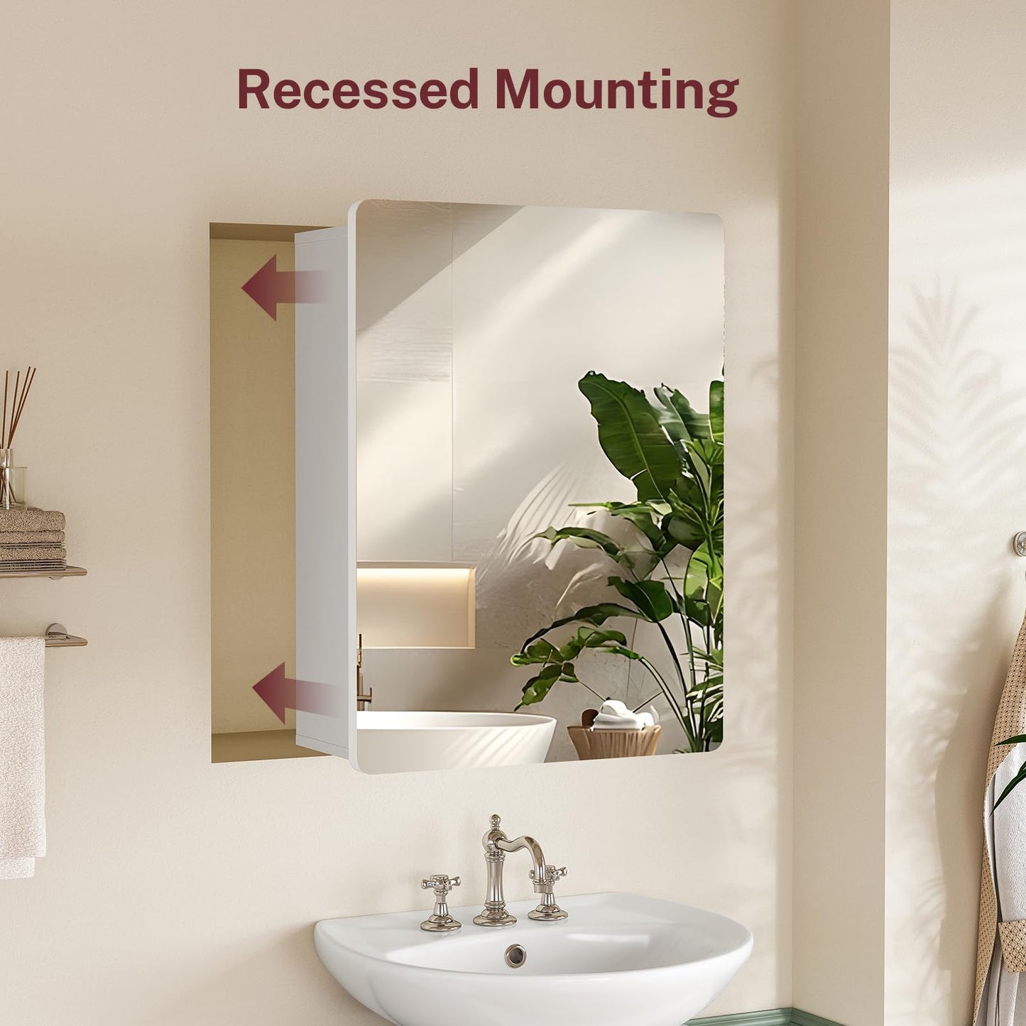 TEENFON Medicine Cabinet Mirror with 2 Adjustable Shelves, Bathroom Mirror with Storage, Recessed or Wall Mount Bathroom Cabinet, White 23.6'' x 17.7''