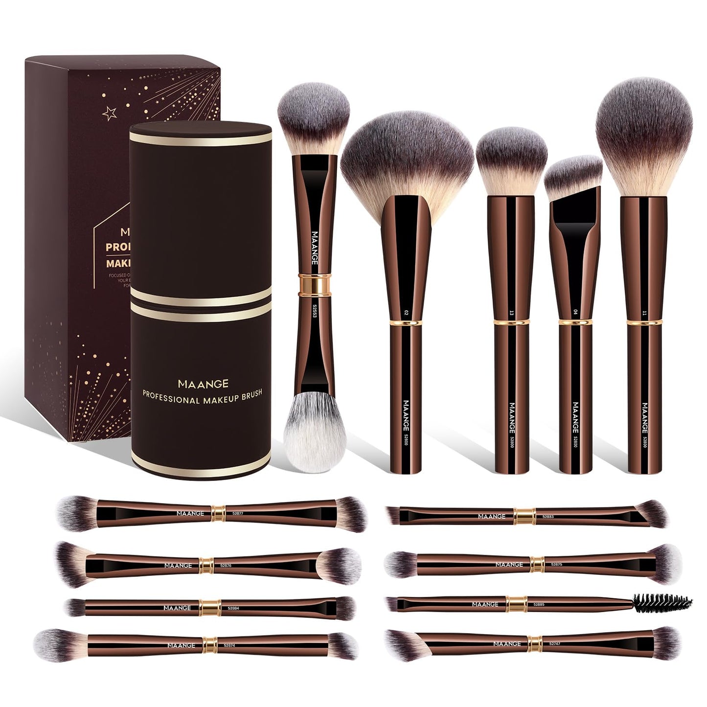MAANGE 13Pcs Makeup Brushes with Case, Professional Brochas De Maquillaje for Face & Eyes, Soft Synthetic Foundation Powder Blush Eyeshadow Brush Kit with Gift Box,CoffeeBrown