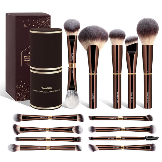 MAANGE 13Pcs Makeup Brushes with Case, Professional Brochas De Maquillaje for Face & Eyes, Soft Synthetic Foundation Powder Blush Eyeshadow Brush Kit with Gift Box,CoffeeBrown