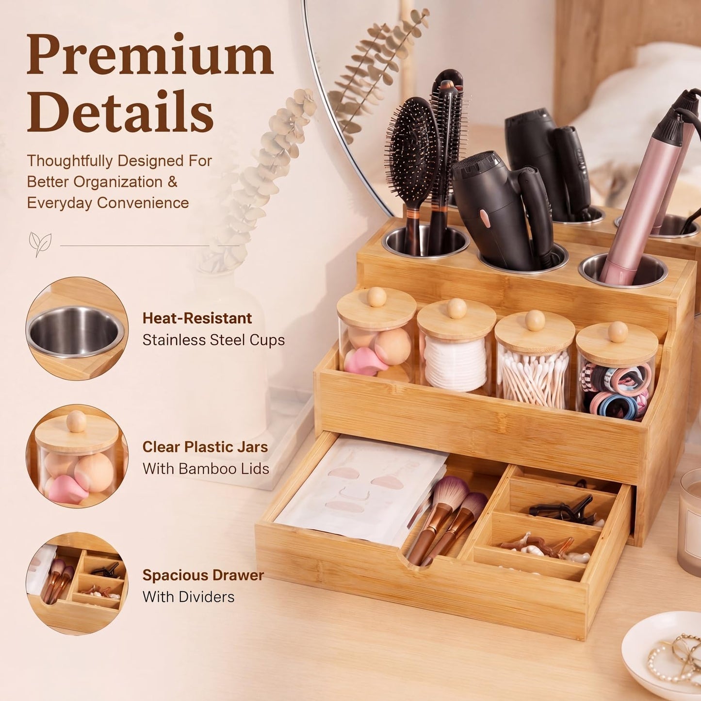 Havawish Hair Tool Organizer with Drawer Bamboo Bathroom Countertop Organizer with 4 Plastic Cotton Ball Holder Countertop Blow Dryer Holder Vanity Caddy Storage Stand for Hair Accessory, Makeup