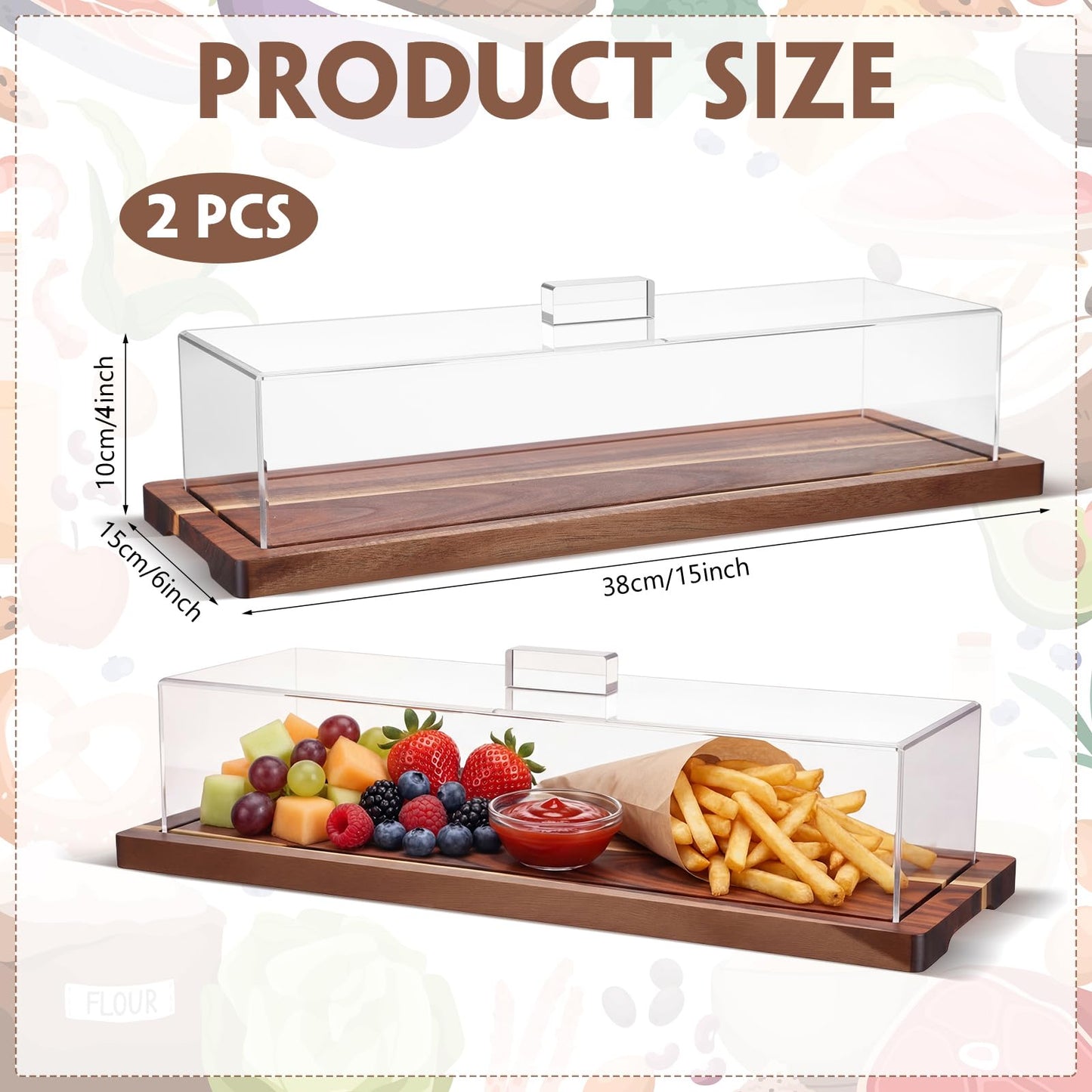 Mifoci 2 Pack Acacia Wood Cake Stand Serving Tray with Acrylic Lid, 15 x 6 x 4 Inches Charcuterie Table Display Set, Dessert Serving Tray Set for Bakery, Buffet, Home Party & Restaurant