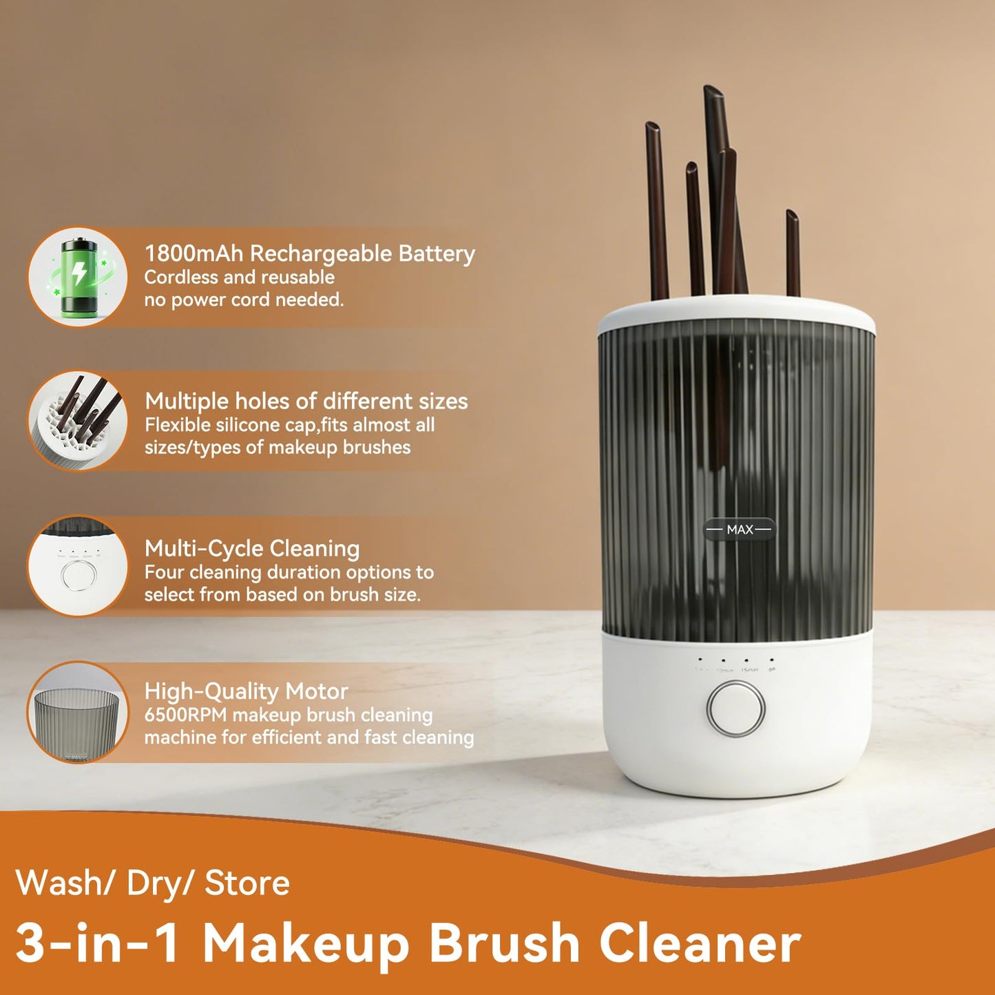 Electric Makeup Brush Cleaner Machine, 6500RPM Automatic & Portable with 1800mAh Rechargeable Battery for All Brush Sizes, Perfect Gift for Makeup Lovers