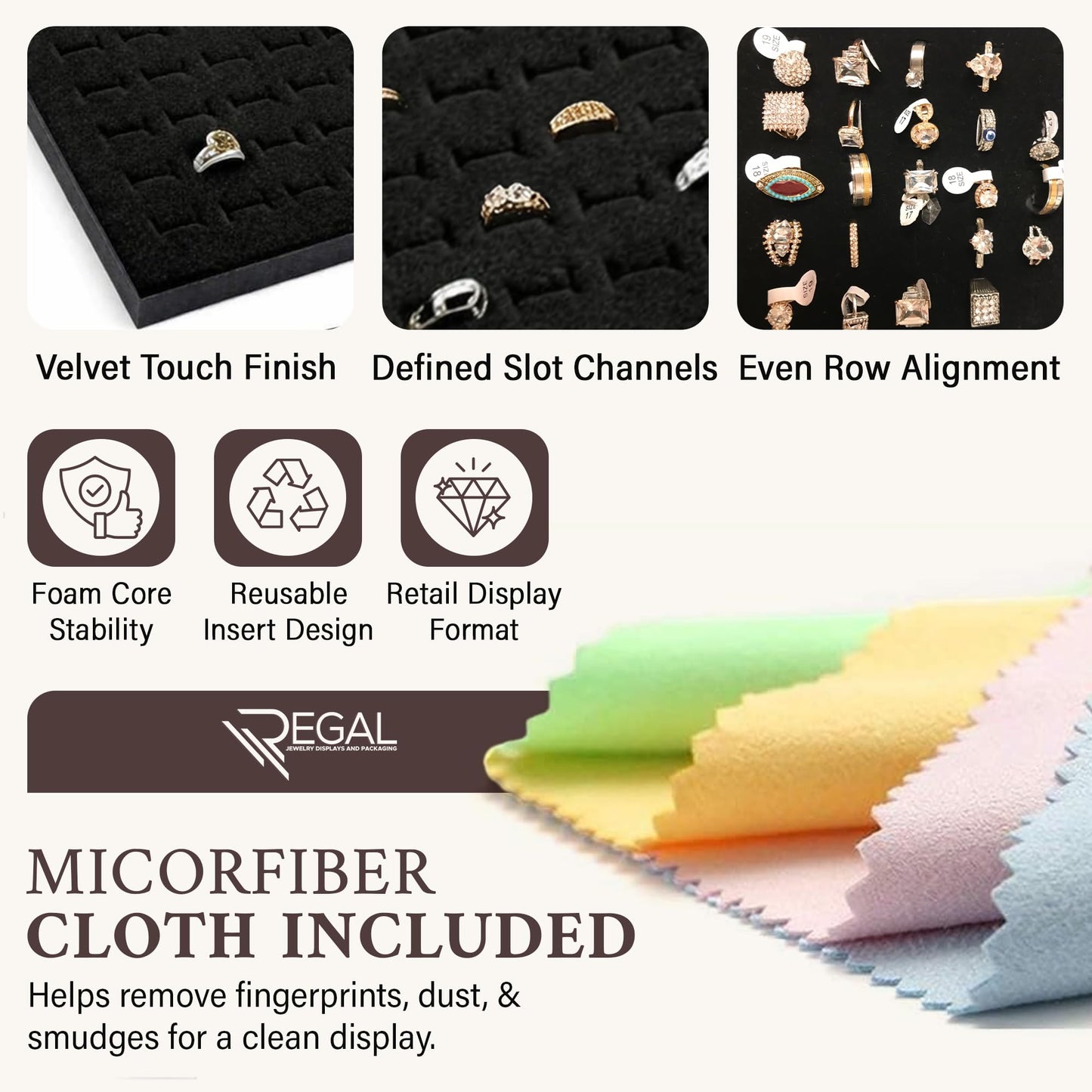 RJ Displays 72 Slot Black Ring Display Inserts for standard Jewelry tray size 14 1/4" x 7 3/4" x 1/2" Inch for Showcase, Counter top display. Micro Fiber polishing cloth included (Black, 2 Pack)