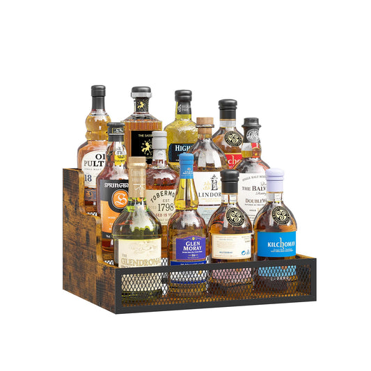 KOKSTOP 3-Tier Liquor Bottle Display Shelf, Rustic Wooden Bottle Holder Stand for Liquor Whiskey Wine Coffee Bottle Display with Fences, Storage Countertop Shelf for Café, Bar, Office Station