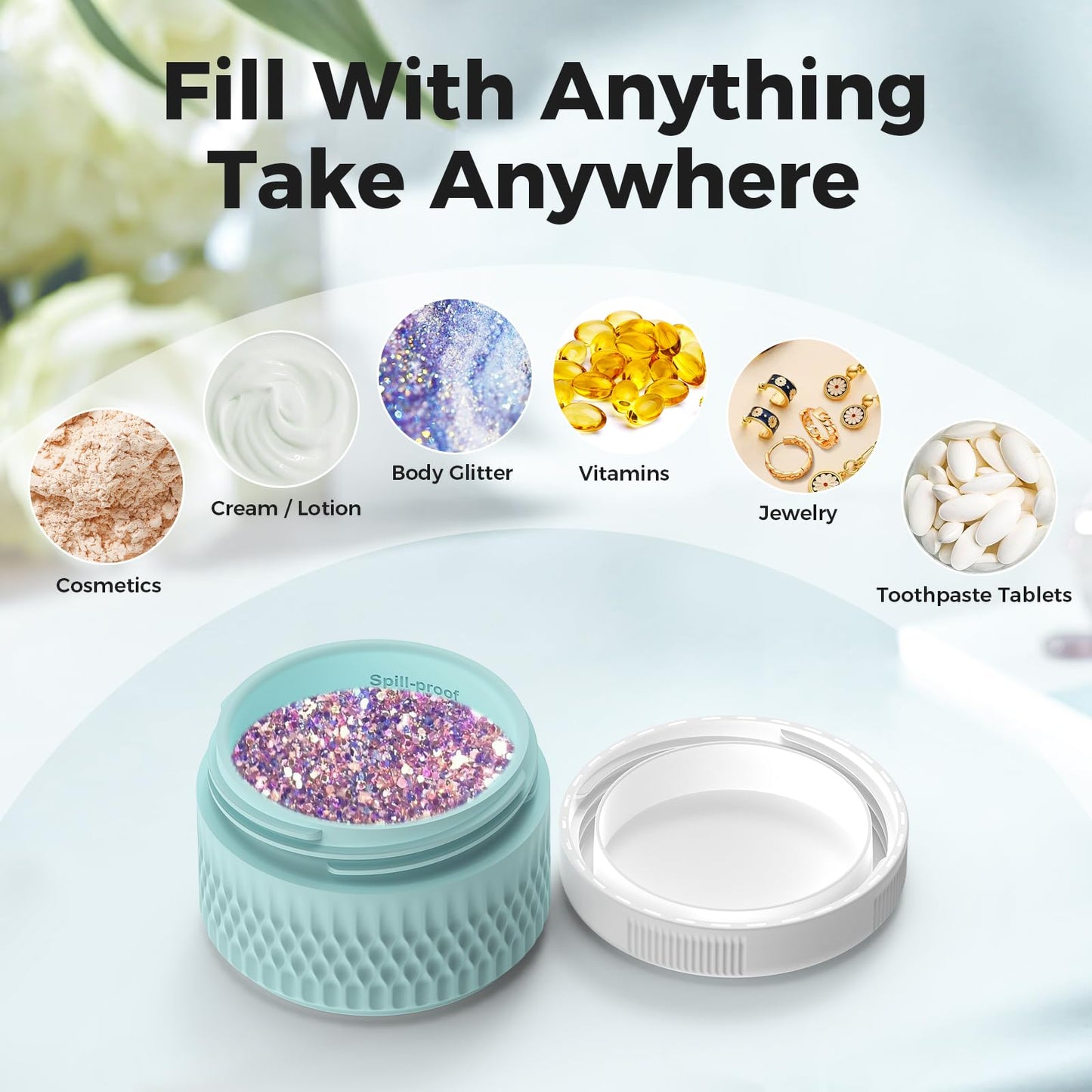 BPA Free Silicone Cream Jars - TSA Approved 2oz Travel Size Containers, Leak-proof with Lid for Cosmetic, Face, Hand, Body Glitters