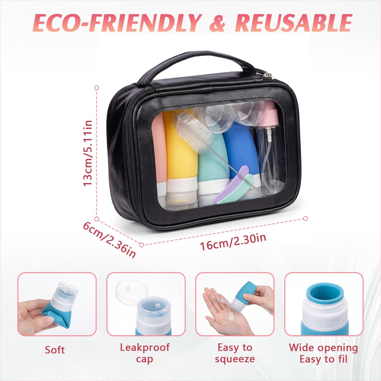Jingmore 15 Pcs Travel Bottles Set for Toiletries PU Leather Toiletry Bag Travel Size Mini Makeup Containers Silicone Toiletry Bottles Pump Spray for Liquid Serum Cream Lotion Skincare Shampoo(White)