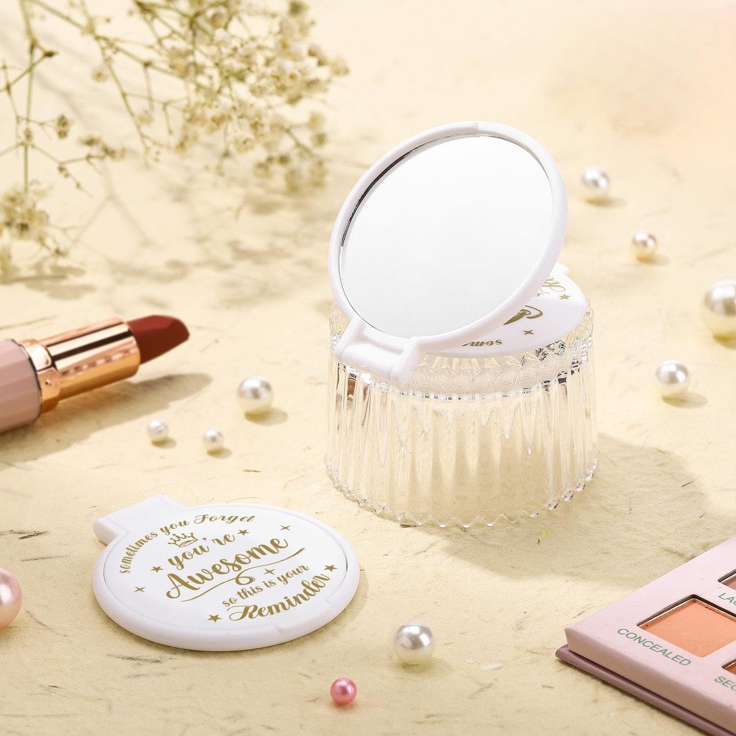 Gulfmew 18 Pcs 2.76 Inch Inspirational Compact Mirror Bulk Women Small Gifts Graduation Mothers Day Party Favors Purse Mirror Pocket Mini Items for Adult Coworker Cheerleader Swag Bag (White)