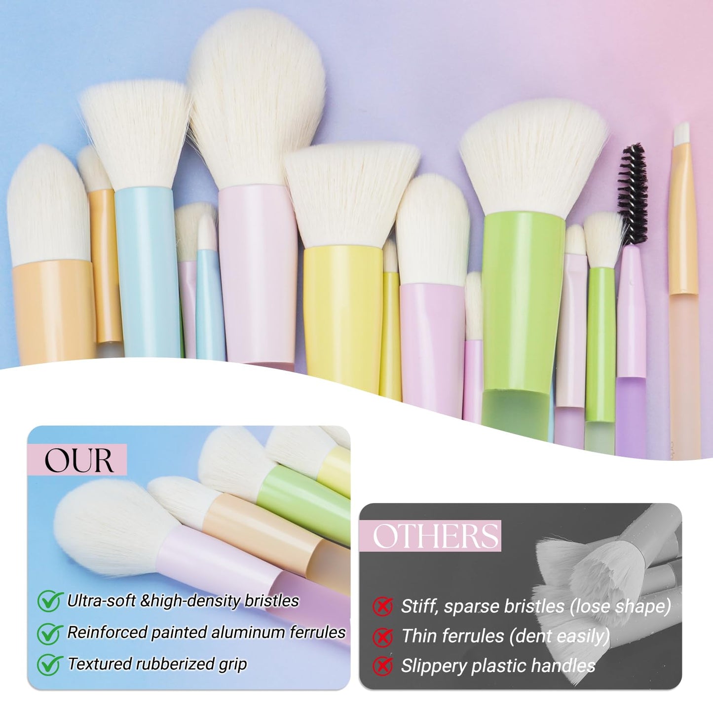 VIVID BEAUTY Makeup Brush Set, 18 Pcs Makeup Brushes with 2 Sponges & Travel Bag, Colorful Make up Brushes for Foundation Powder Blush Blending Eyeshadow, Face & Eye Brush Kit for Beginner