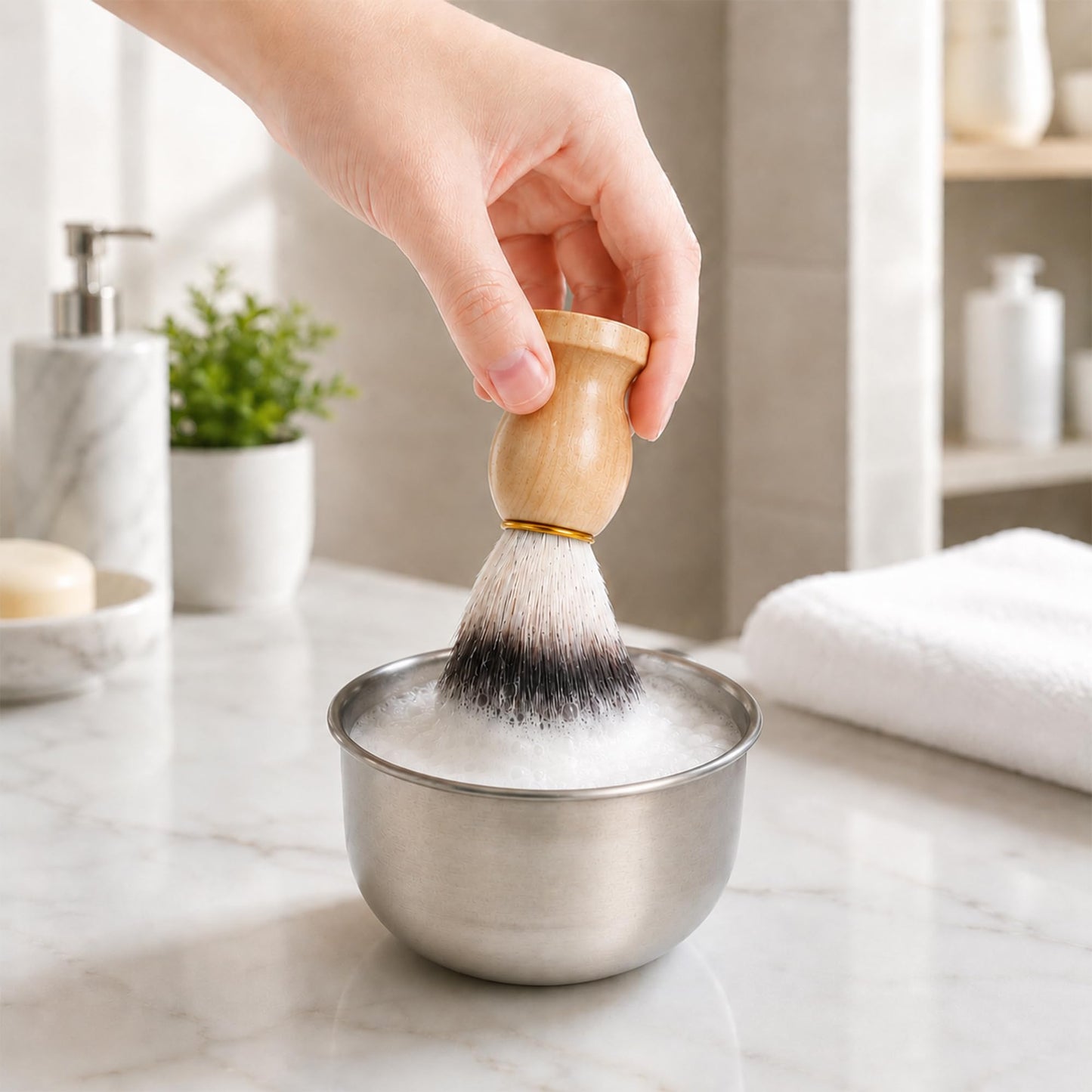 5PCS Shaving Soap Bowl with Beard Brush, 3.4inch Stainless Steel Mug Dish
