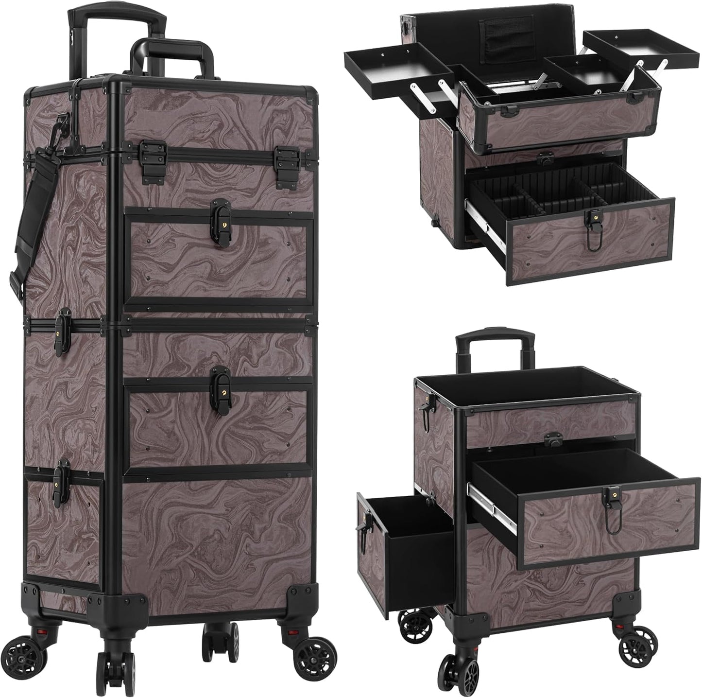 AROUS Rolling Makeup Case with 3 Drawers, Cosmetology Case on Wheels 5 IN 1 Makeup Train Case Make Up Organizer for Artist Salon Nail Teach Trunk,Ink Brown