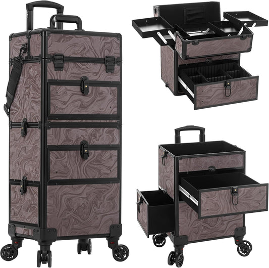 AROUS Rolling Makeup Case with 3 Drawers, Cosmetology Case on Wheels 5 IN 1 Makeup Train Case Make Up Organizer for Artist Salon Nail Teach Trunk,Ink Brown