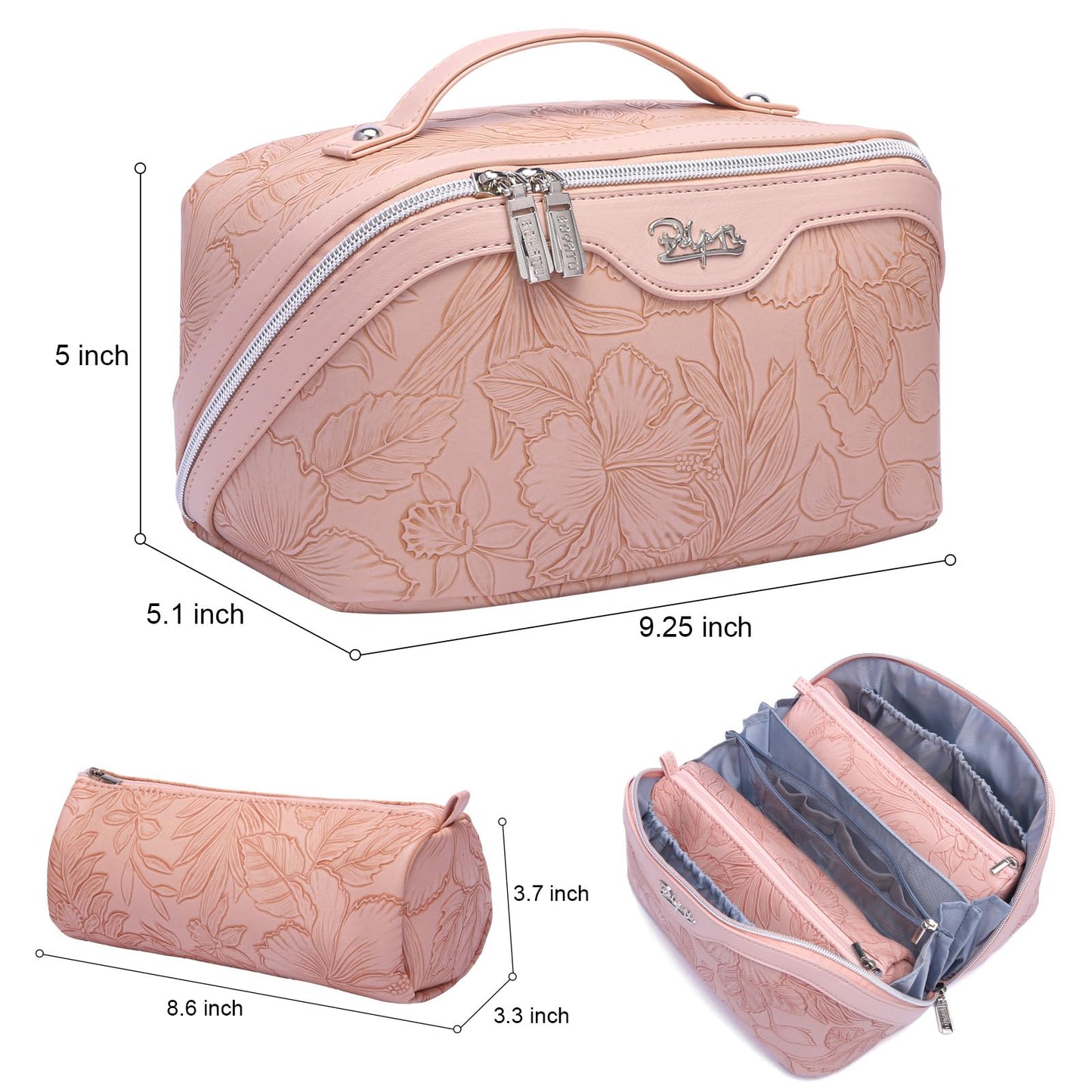 BOYATU Travel Makeup Bags Cosmetic Organizer Bag: 3-Set Large Capacity Make up Bag - PU Leather Toiletry Bags for Women - Wide Open Portable Pouch with Divider & Handle (01-Z-Pink)