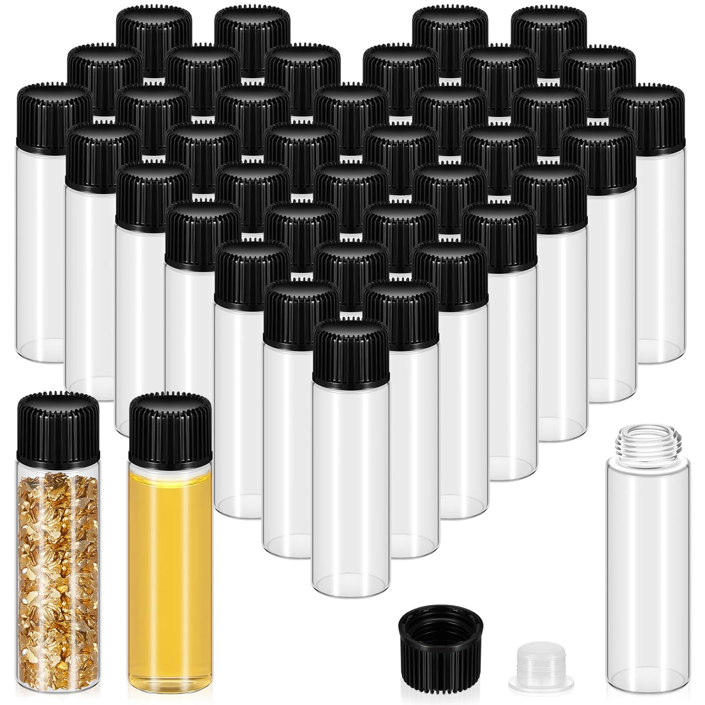 Lallisa 50 Pcs 7 ml Glass Vials with Screw Caps, Leakproof Small Glass Bottles Bulk, Mini Sample Vials with Plastic Stopper for Essential Oils, Sample, DIY Craft (Clear with Black Cap)