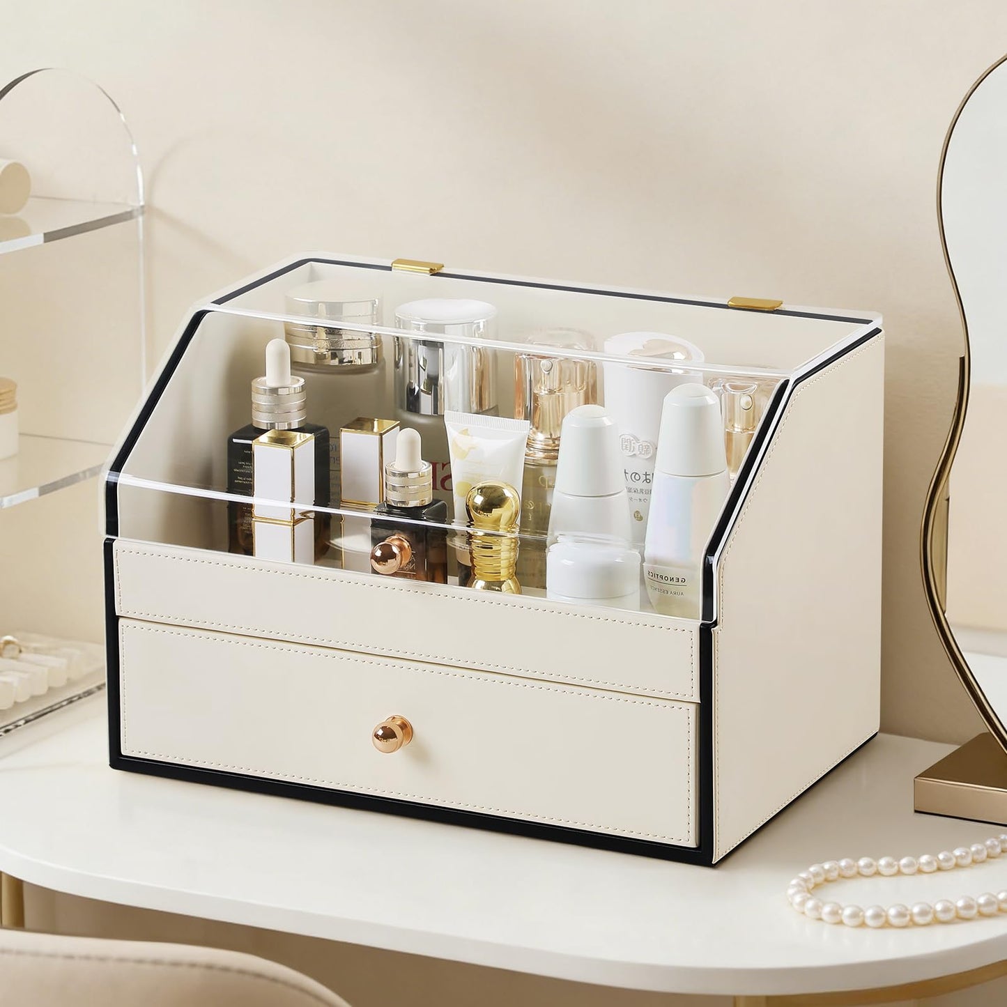 naiwenmoer Leather Makeup Organizer & Skincare Storage Rack - Cosmetic Display Case with Dustproof Transparent Cover, Drawer Jewelry Storage, for Bedroom Vanity, Perfume & Lipstick Organizer - White
