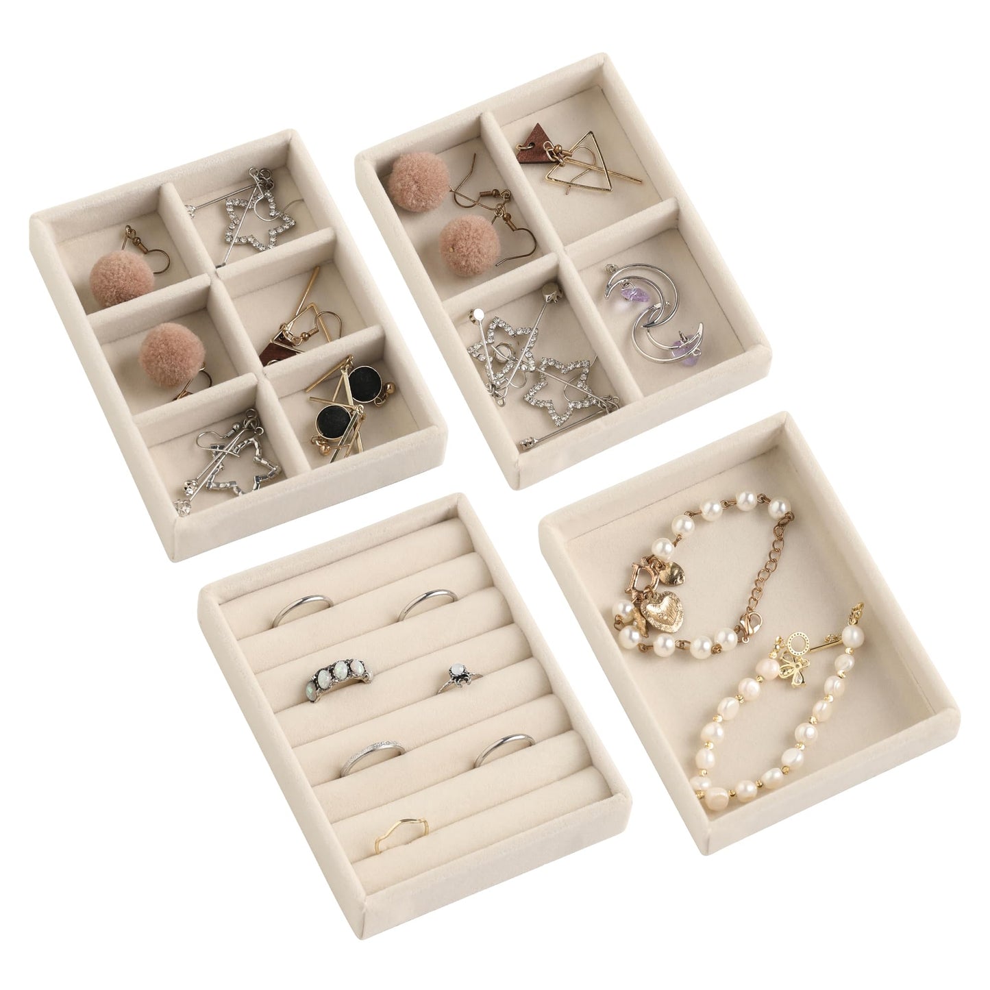 Frebeauty Small Jewelry Tray Set,Stackable Velvet Jewelry Organizer Tray,Mini Jewelry Drawer Organizer,Drawer Inserts,4.92 x 3.74 x 0.9 Inches,Earring Organizer for Women(Set 4,Beige)