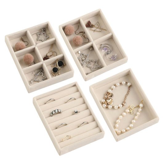 Frebeauty Small Jewelry Tray Set,Stackable Velvet Jewelry Organizer Tray,Mini Jewelry Drawer Organizer,Drawer Inserts,4.92 x 3.74 x 0.9 Inches,Earring Organizer for Women(Set 4,Beige)