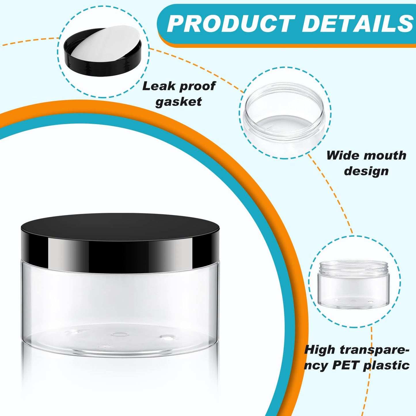 Dandat 24 Pcs 6/8/10/12oz Plastic Clear Jar Container with Black Lid and Label Refillable Empty Round PET Cosmetic Sample Slime Jar for Lotion, Cream, Body Butter, Travel Storage(10oz, Black Lid)