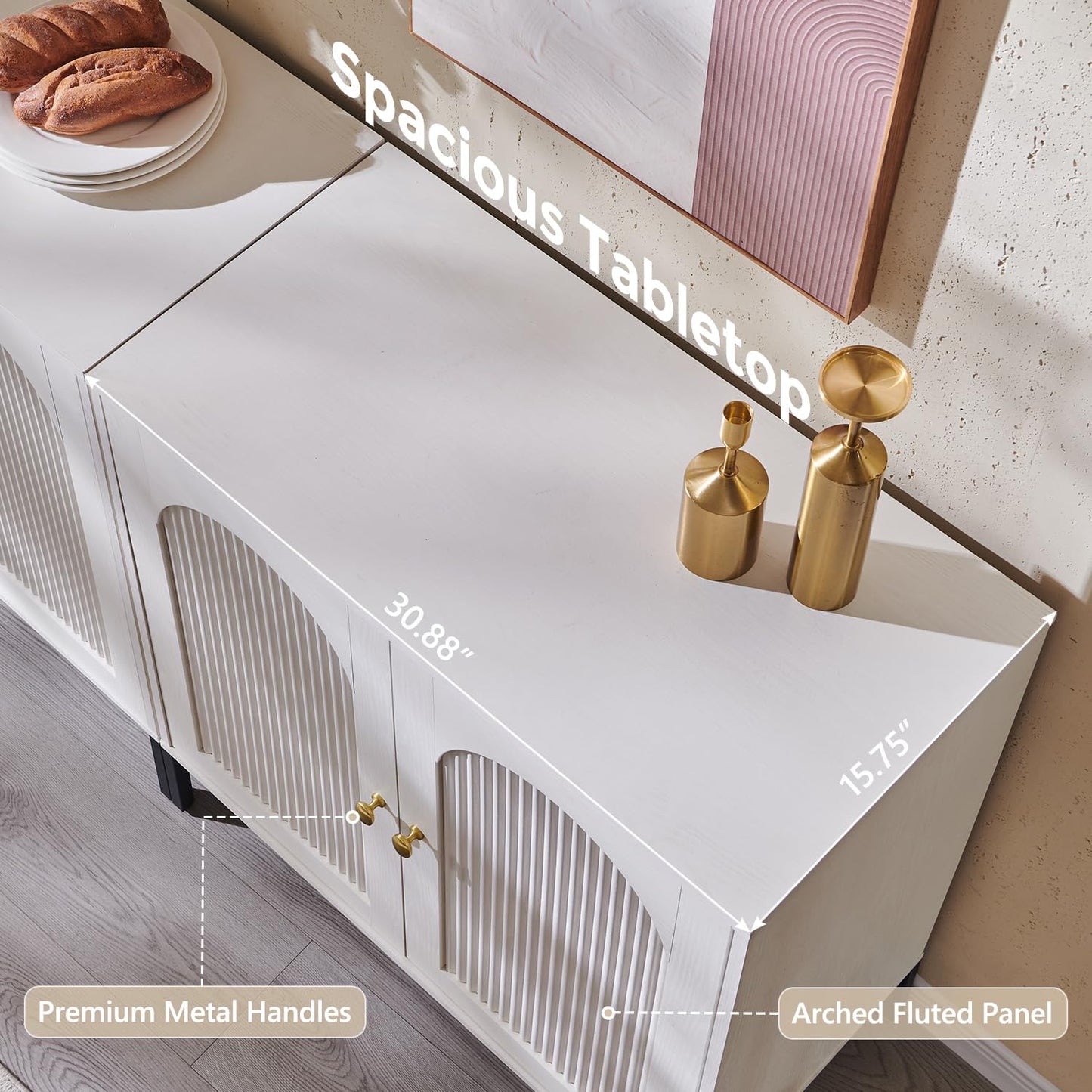 IFGET Modern Buffet Cabinet with Storage, 34" Tall Fluted Arched Sideboard Cabinet w/Adjustable Shelves, Wooden Modular Coffee Bar for Dining Room, Kitchen, Living Room, Entryway, White