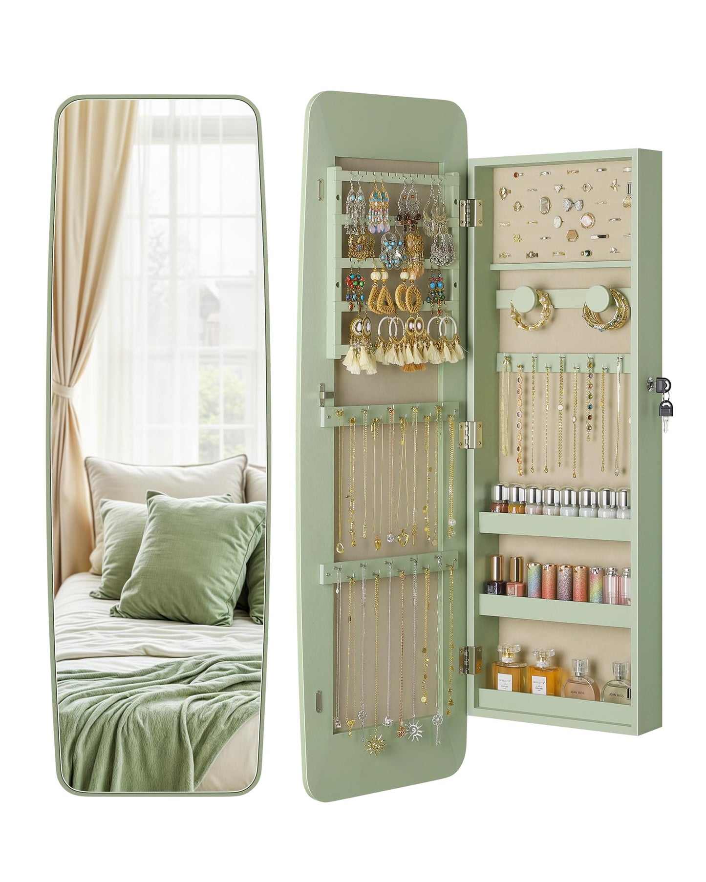 Nicetree Mirror Jewelry Cabinet, Rounded Jewelry Armoire Organizer, Wall or Door Mounted Jewelry Organizer with Storage, Lockable Wide Mirror with Jewelry Storage, Green