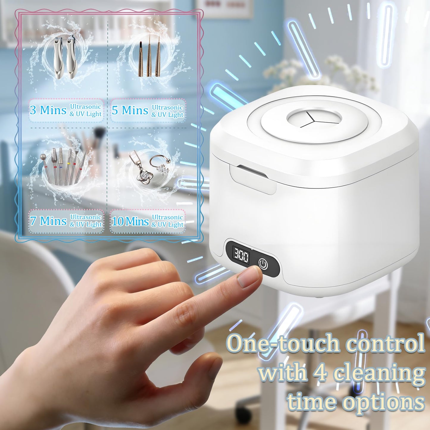 2-in-1 Nail Tools Cleaner Machine with 4 Timers Mode, 49kHz High-Frequency Vibration Ultrasonic, for Nail Drill Bits/Brushes/Nail Clippers/Jewelry, etc. Professional Salon & Home Kit, 5 Years Warranty