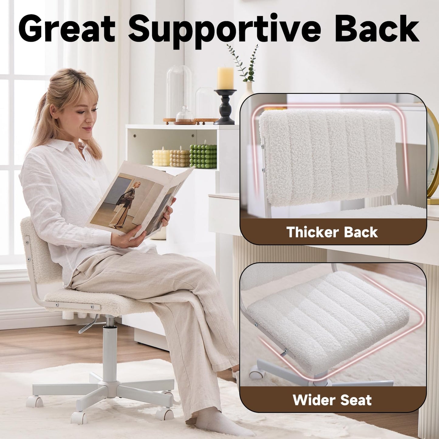Manyday Office Chair Vanity Chair with Wheels, Comfy Small Desk Chair Vanity Chair with Back, Cute Teddy Armless Adjustable Swivel Chair for Bedroom Home Computer Task, White