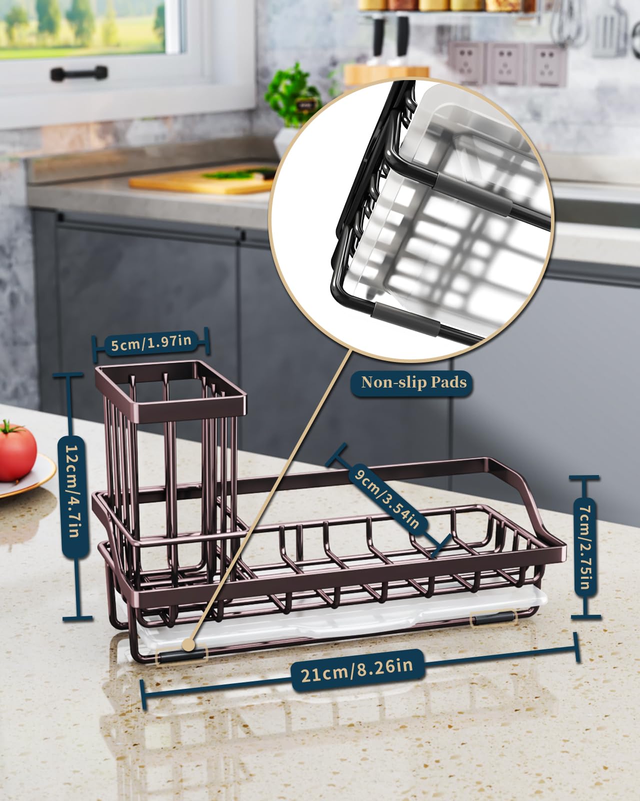 Consumest Sink Caddy Kitchen Organizer, Sponge Holder for Kitchen Sink with Removable Drip Tray for Countertop Dish Soap Holder Dispenser Brush Holder, 304 Stainless Steel - Bronze