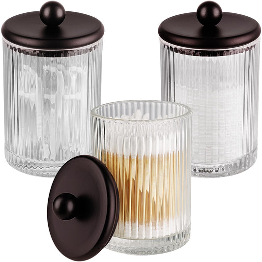 Komashr 3Pack Glass Qtip Holder Dispenser Set - Bathroom Canister Storage Organizer for Cotton Balls, Swabs, Floss Picks, and Makeup Sponges with Matte Black Metal Lid - Clear Vanity Apothecary Jars