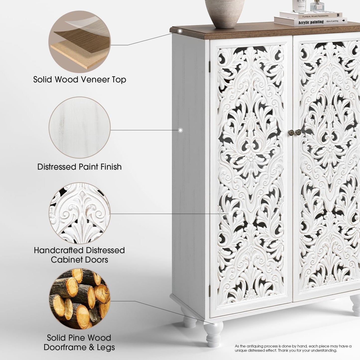 JOINICE 47" Tall Accent Cabinet with Carved Doors & Storage for Living Room,White Cabinet with Solid Wood Legs & 100lbs Capacity, Farmhouse/Rustic/Boho Style for Dining Room, Bedroom, Hallway, Study