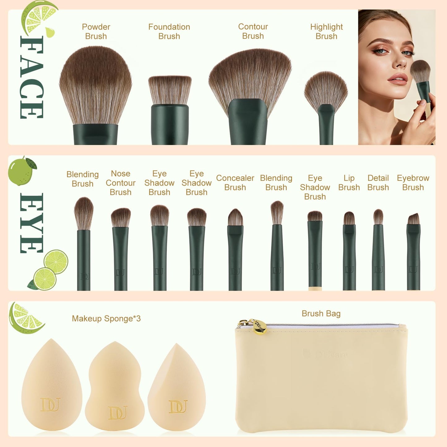 DUcare Makeup Gift Set 18PCS,with 14pcs Makeup Brushes Set 3Pcs Makeup Sponges 1PC Cosmetic Bag for Foundation Blending Powder Blush Concealers Eye Shadows