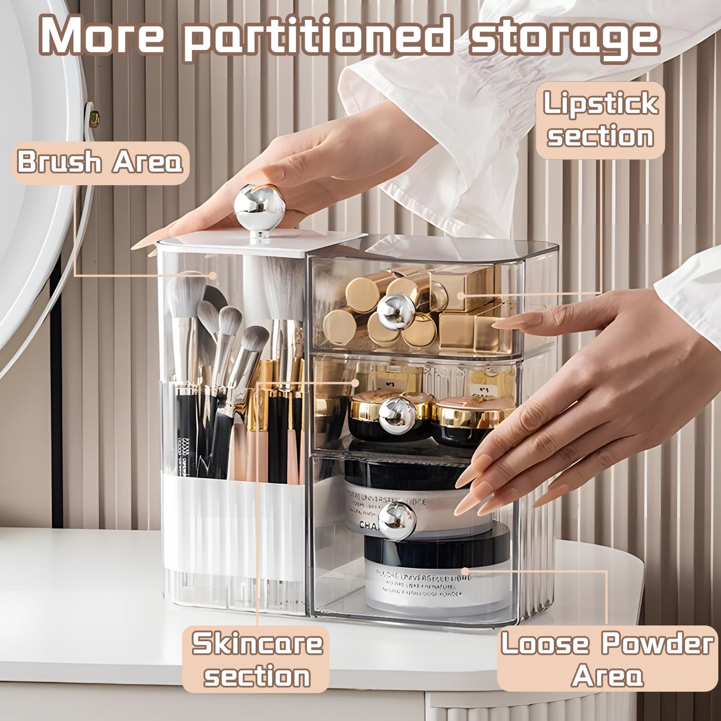 Oskrieel PET Makeup Organizer with Press Pop-Out Compartment & 3 Drawers, Clear Cosmetic Storage Box for Vanity Countertop, Bathroom Small Item Organization