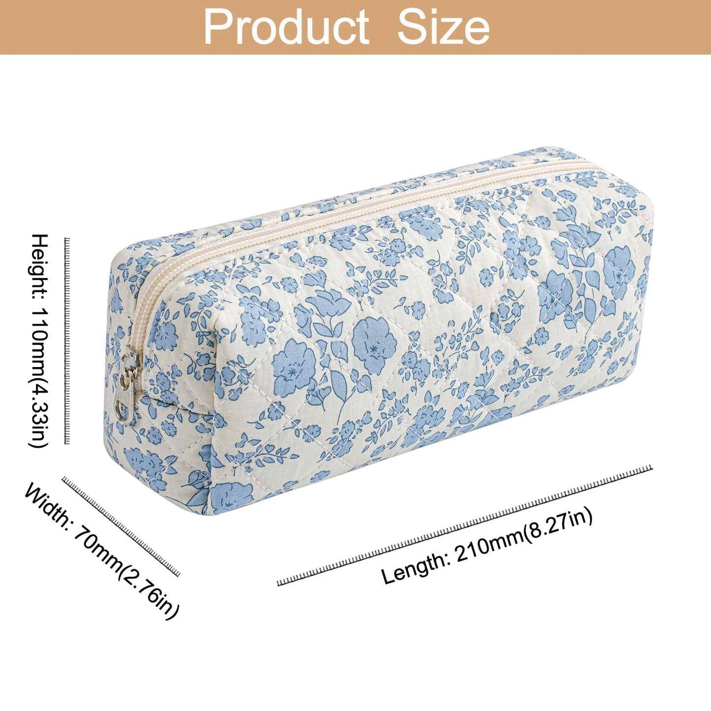 HHQQWZ Cute Floral Cotton Makeup Brush Cosmetic Bag for Women, Travel Quilted Zipper Make Up Bag, Flowers Toiletry Organizer Case Kawaii Makeup Cosmetic Travel Cloth Pouch (Blue+Navy Blue)