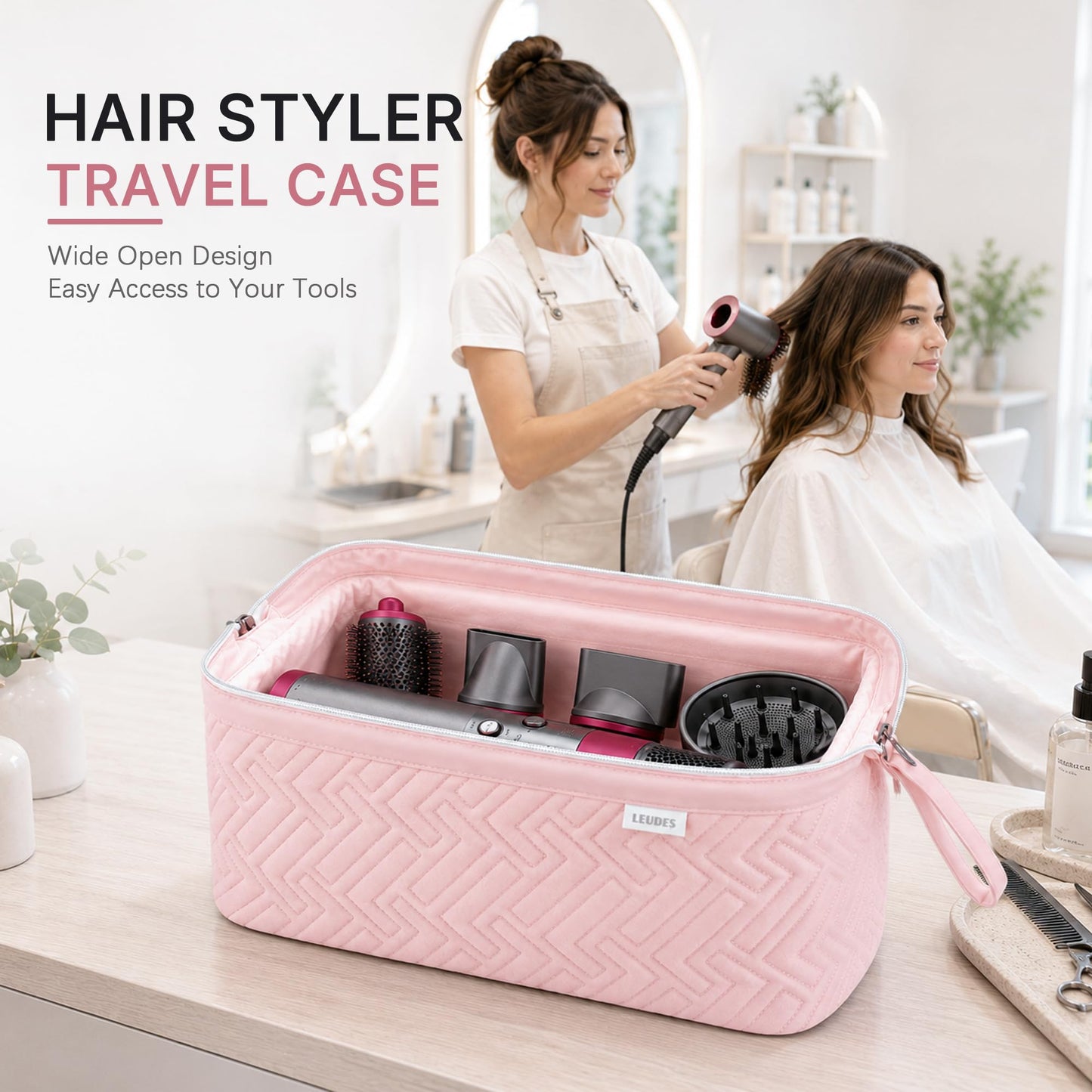 Leudes Hair Tools Travel Bag for Shark Flexstyle Carrying Case Portable Shark Hair Air Wrap Dryer Case Waterproof Dustproof Flat Curling Iron Travel Organizer (Pink)