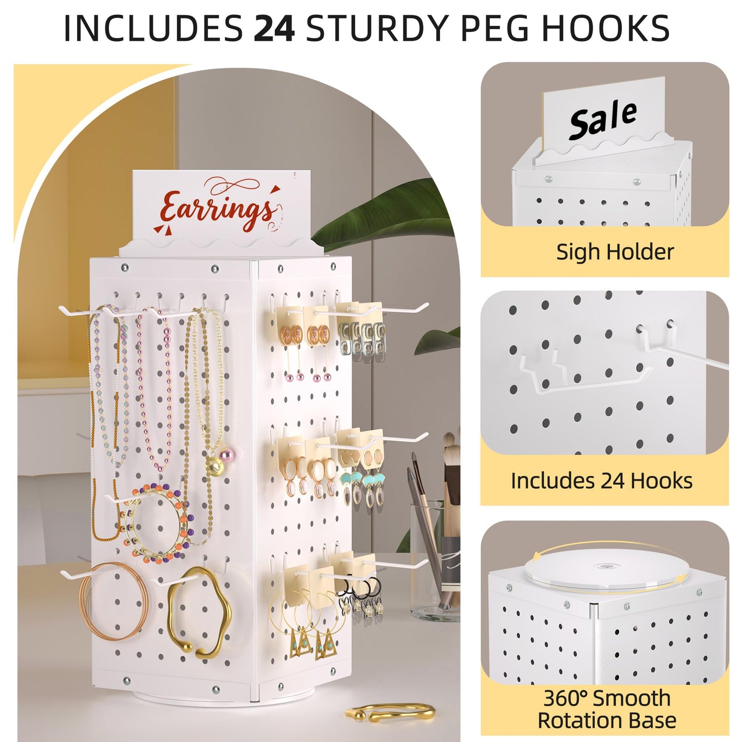 Urban Deco 360° Rotating Pegboard Display Stand with Signage, 4-Sided Spinning Peg Board Stand with 24 Hooks for Jewelry, Earring & Keychain Holder Displays for Craft Shows & Vendor Events (White)