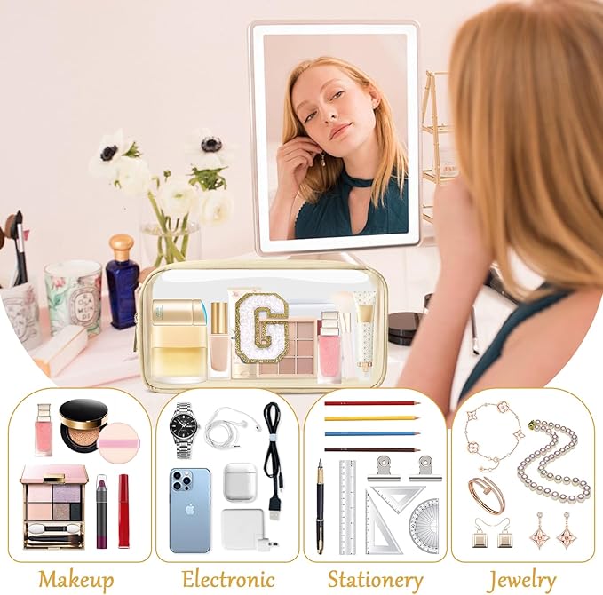 Personalized Initial Letter Clear Makeup Bag,Preppy Small Nylon&PVC Cosmetic Zipper Bag with Chenille Letter,Portable Beach Travel Skincare Toiletry Bag,Trendy Monogram Gift for Teen Girls Women,G