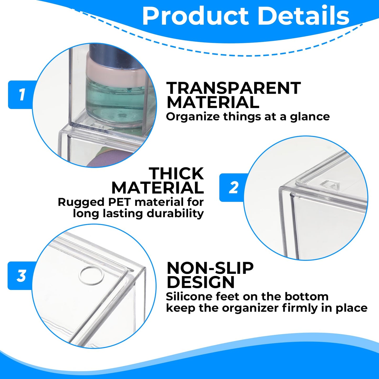 Josojoou 3-Tier Clear Stackable Makeup Organizer with Removable Dividers,Acrylic Medicine Cabinet Organizer and Storage for Bathroom Mirror Cabinets, Vanity, Closet, Countertop with Drawer