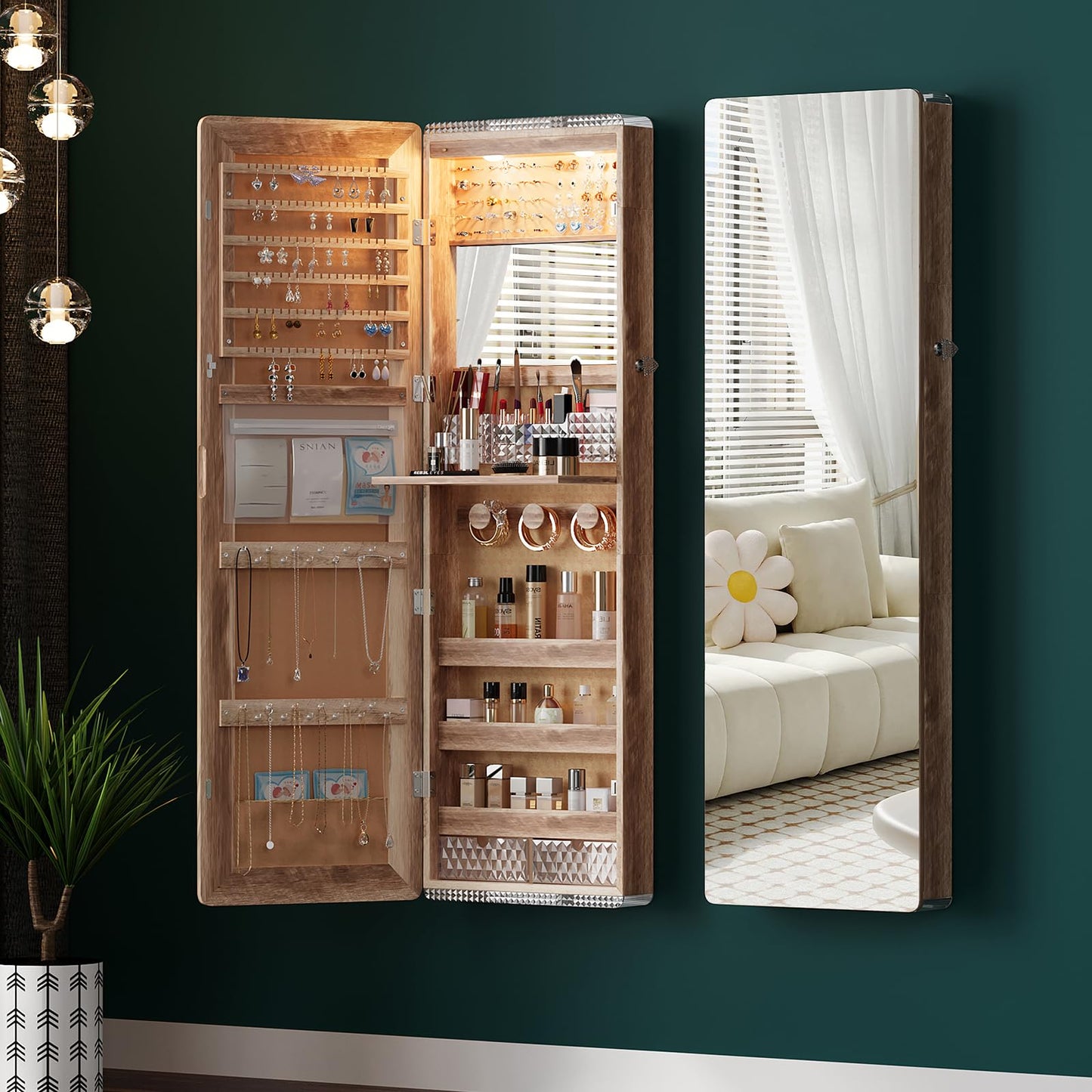 HNEBC Full Length Mirror with Storage, Wall Mounted Jewelry Cabinet with Lights, Lockable Over Door Jewelry Organizer with Drawer, Foldout Makeup Tray 47.2" Hx14.5 Wx3.9 D,Natural