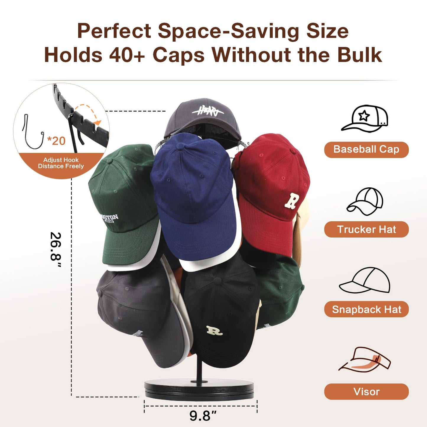 Keebofly Rotating Free Standing Hat Rack & Organizer Stand, 3-Tier Merchandise Display & Tabletop Baseball Cap Organizer Holds 40+ Caps, Portable for Vendor & Home Use in Bedroom, Closet, Entryway