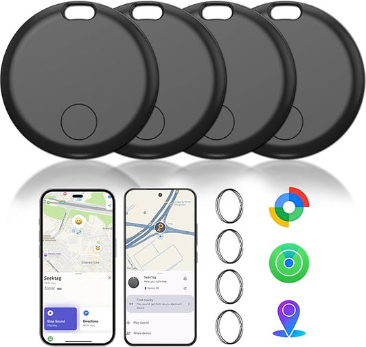 Air Tracker Tags-4 Pack Seektags [2025 Dual-System Compatible] for Apple Find My & Android Find Hub, 400 Days Battery with CR2032, 100dB Alarm, Compatible with iOS & Android for Keys Wallet Luggage