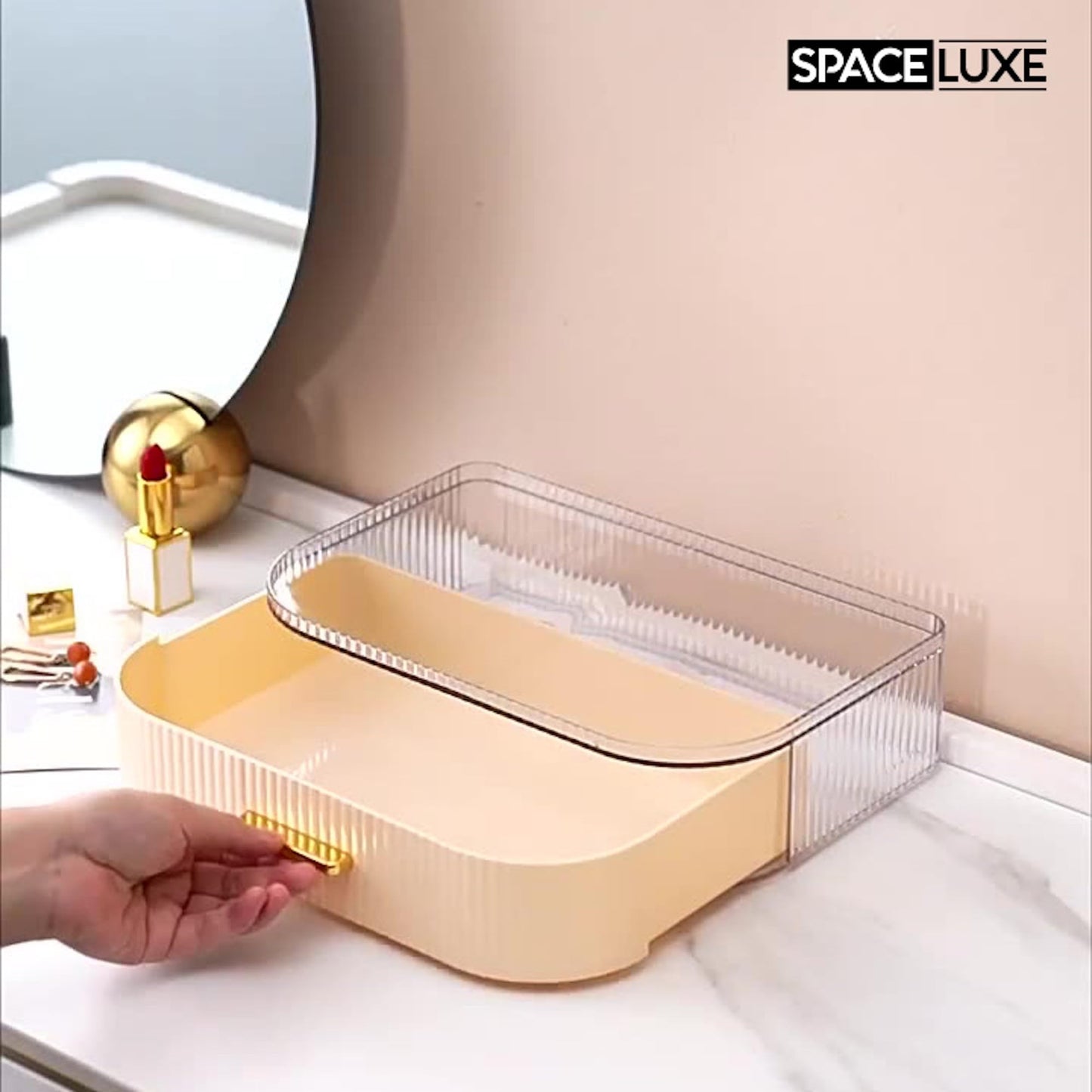 SpaceLuxe Makeup Organizer with Drawers and 360° Rotating Brush Holder, Large Capacity Cosmetic Storage for Vanity, Skincare, Perfume, Hair Accessories, Lipstick & Jewelry (Cream White, 2-layer)