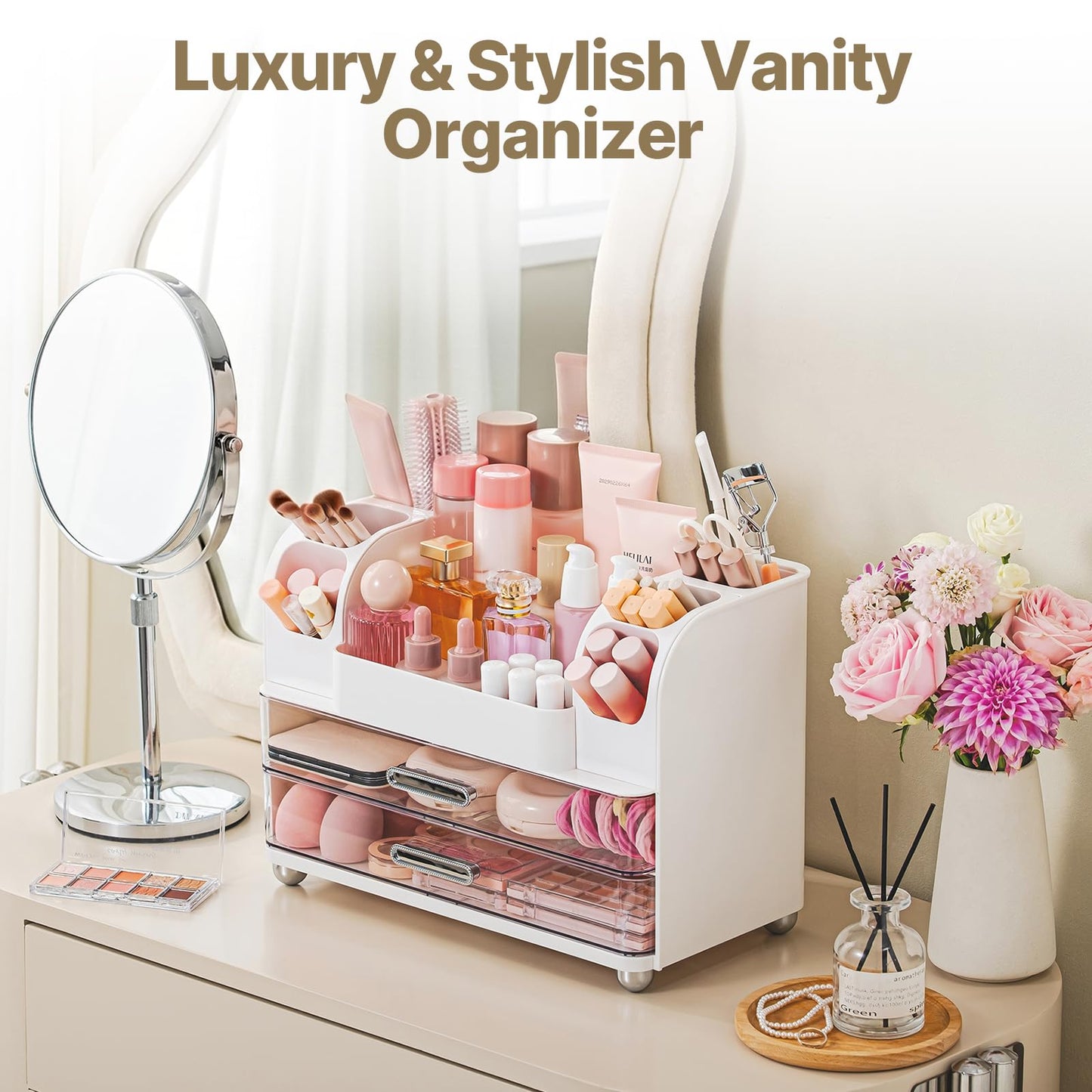 Makeup Organizer with Brush Holder, Makeup Organizer Countertop with 2 Drawers, Make up Organizers for Vanity, Vanity Organizer, Makeup Storage For Skin Cares,Makeup Brushes,Lipsticks,Perfumes(White)